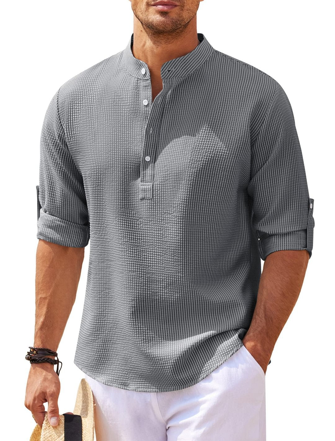 Stand Collar Solid Color Shirt Mens Clothing