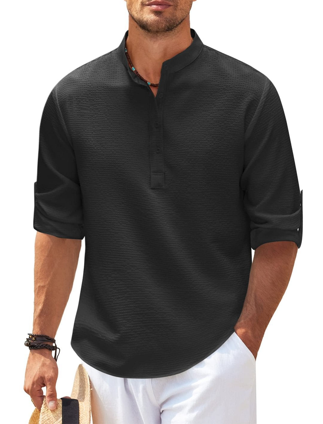 Stand Collar Solid Color Shirt Mens Clothing