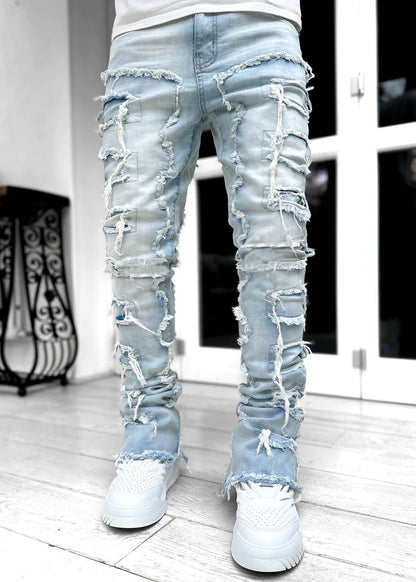 Individual Patched Pants Long Tight Fit Stacked Jeans