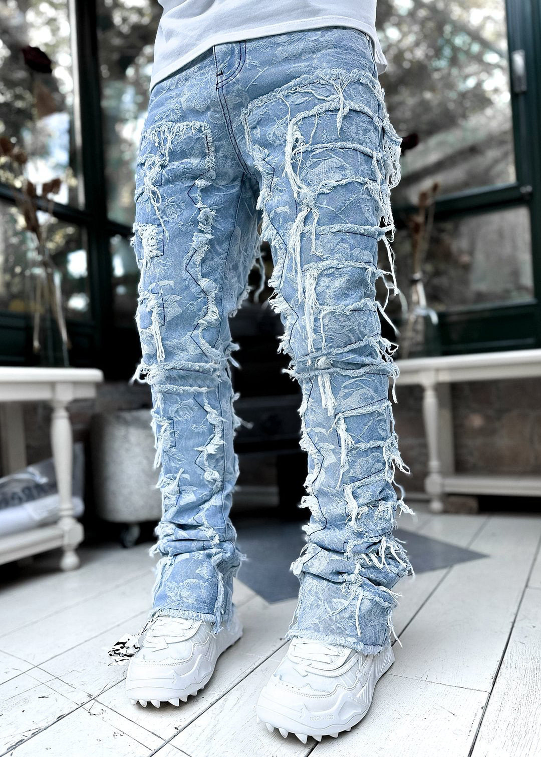 Individual Patched Pants Long Tight Fit Stacked Jeans