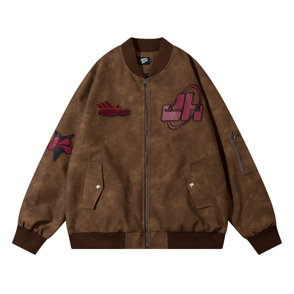 American Street Letters Embroidered PU Leather Jacket