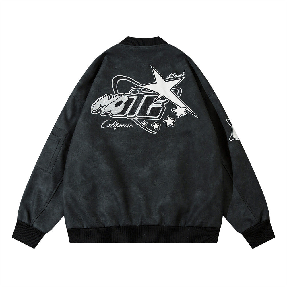 American Street Letters Embroidered PU Leather Jacket