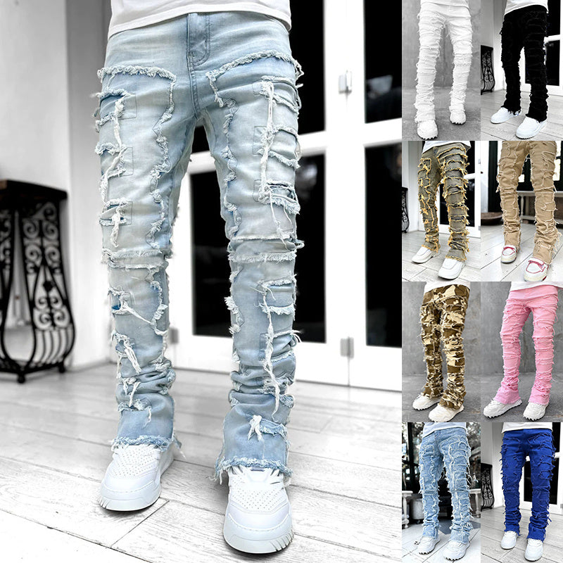 Individual Patched Pants Long Tight Fit Stacked Jeans