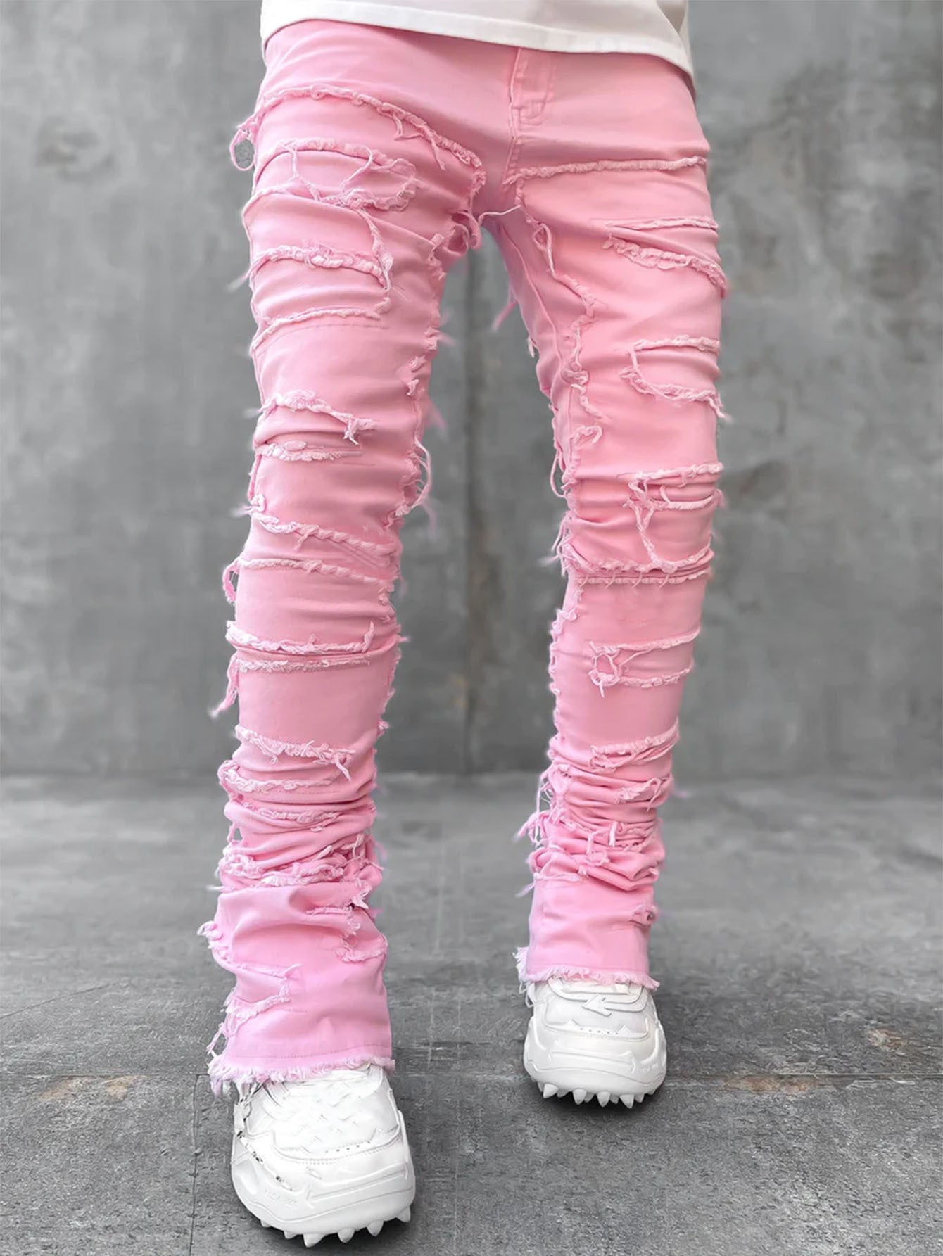 Individual Patched Pants Long Tight Fit Stacked Jeans