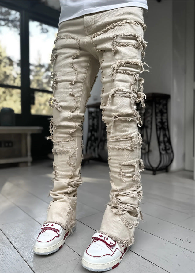 Individual Patched Pants Long Tight Fit Stacked Jeans