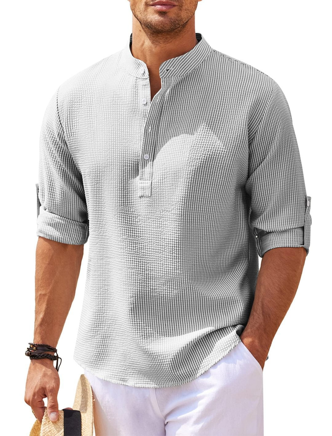 Stand Collar Solid Color Shirt Mens Clothing